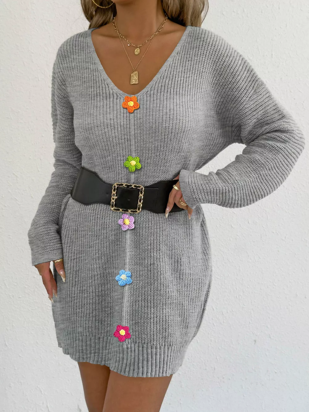 V-Neck Ribbed Sweater Dress with Floral Appliques, image 11