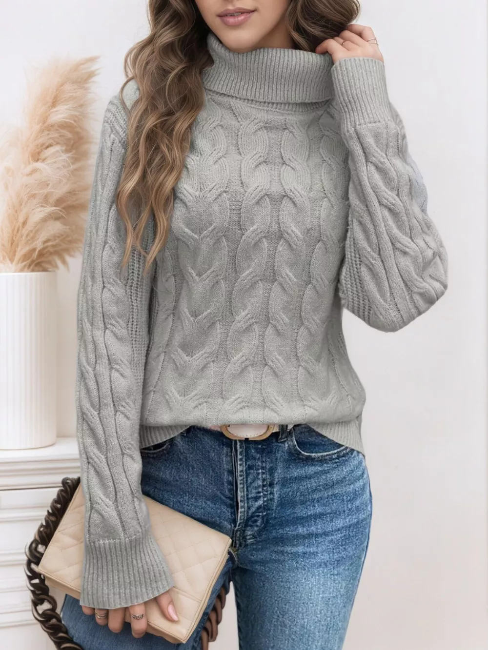 Cable Knit Turtleneck Long Sleeve Sweater, image 12