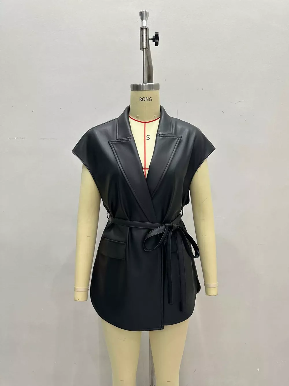 Sleek Faux Leather Belted Vest Coat, image 5