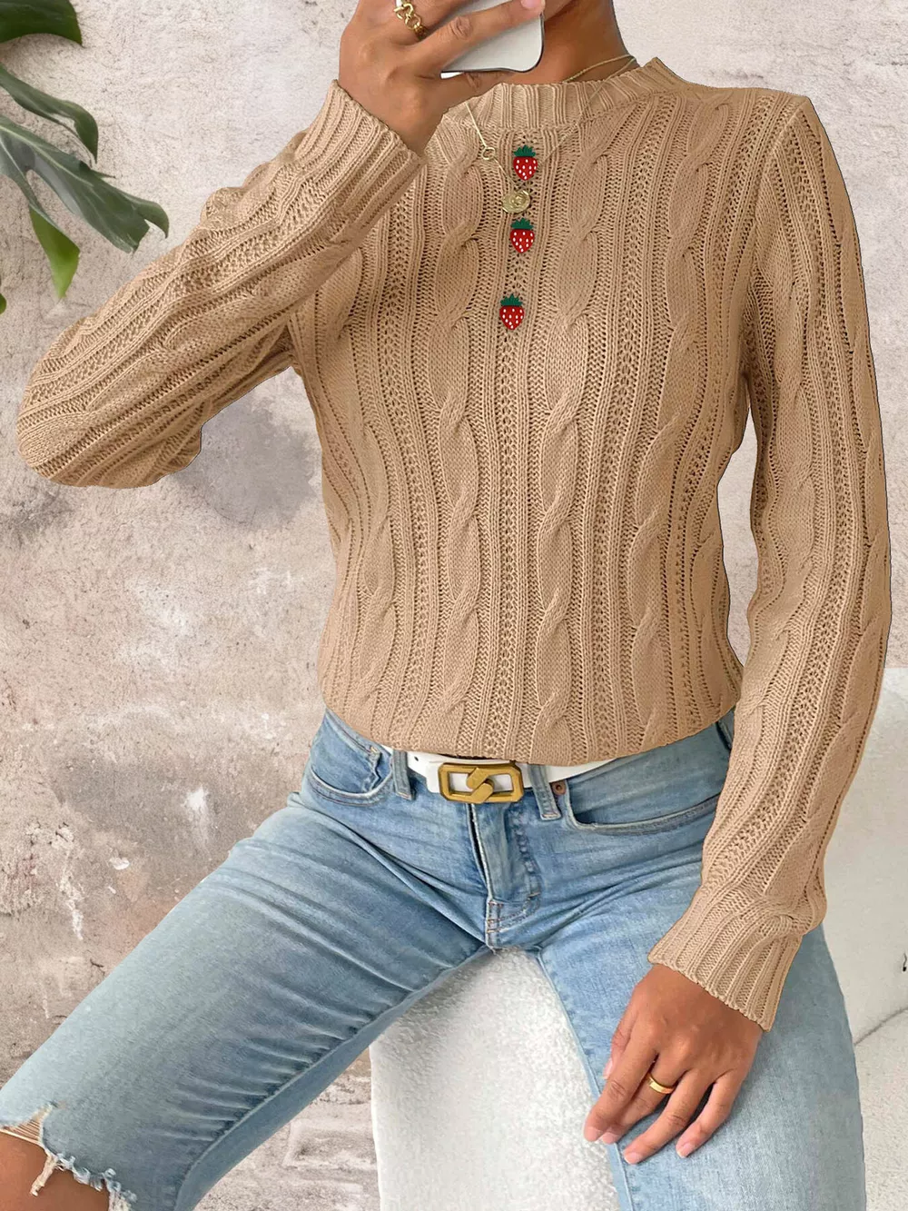 Strawberry Embellished Cable Knit Round Neck Sweater, image 9