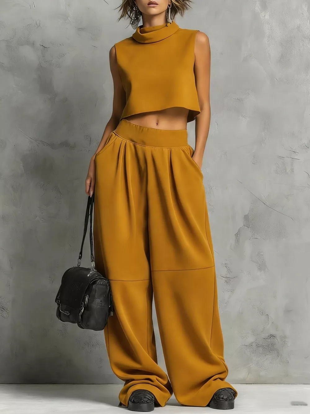 Sleeveless Mock Neck Crop Top and Wide-Leg Sweatpants Set, image 5