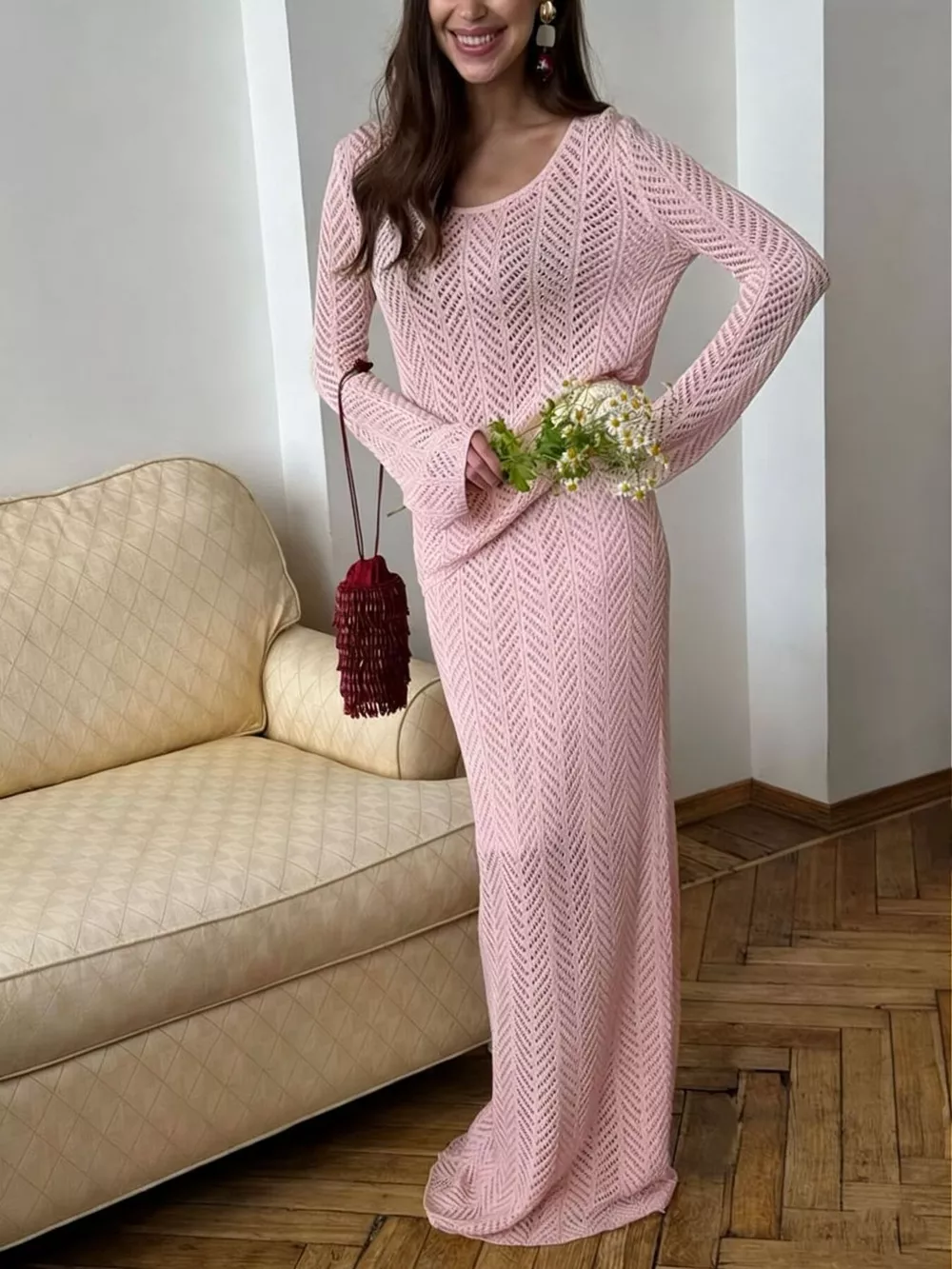 Openwork Long Sleeve Knit Top and Skirt Set, image 2