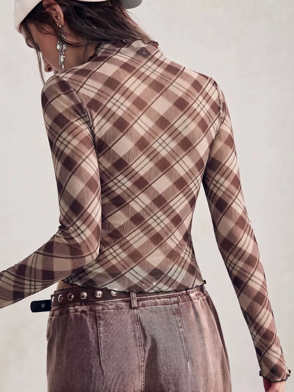 Sheer Mesh Plaid Mock Neck Long Sleeve T-Shirt, image 4