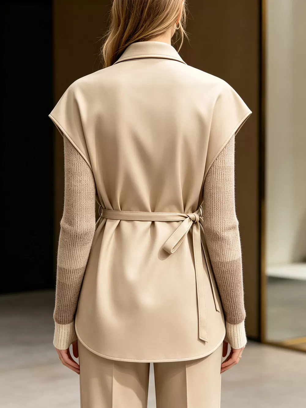Sleek Faux Leather Belted Vest Coat, image 8