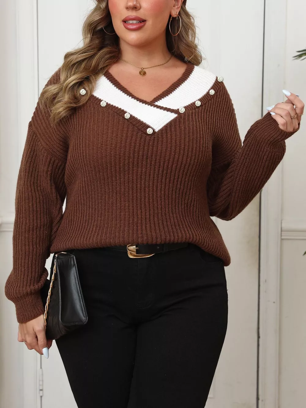 Plus Size Contrast Trim Button-Decorated Sweater, image 8
