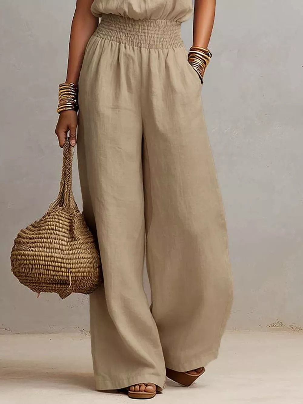 Halter Neck Wide-Leg Jumpsuit with Smocked Waist, image 3