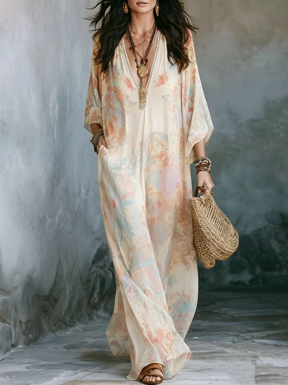 Full Size Floral Print V-Neck Maxi Dress Plus Size, image 4