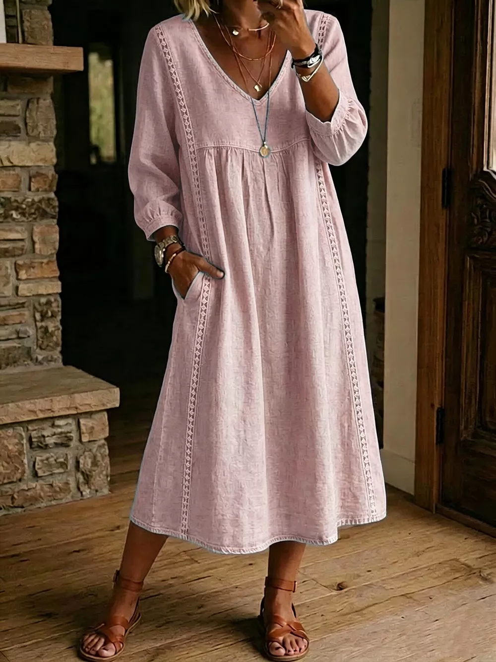 Full Size Lace Trim Long Sleeve Midi Dress Plus Size, image 3