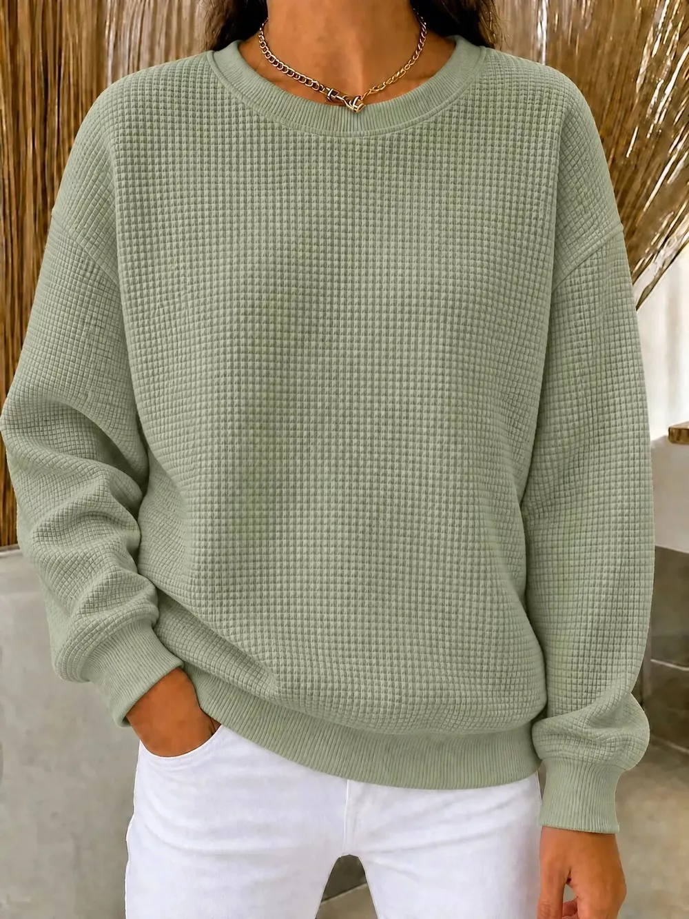 Full Size Waffle Knit Crewneck Sweatshirt Plus Size, image 11