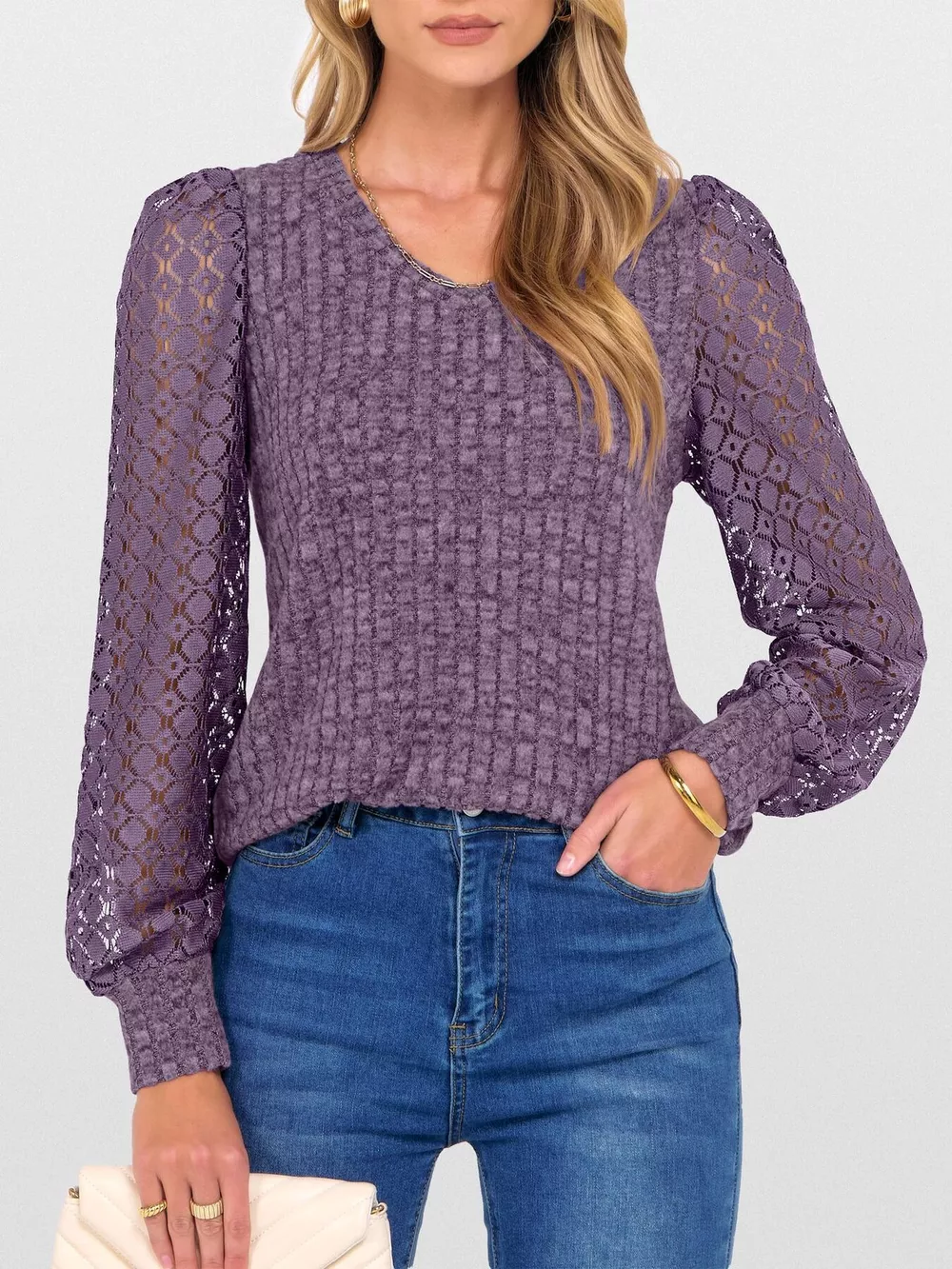 Lace Sleeve V-Neck T-Shirt, image 5