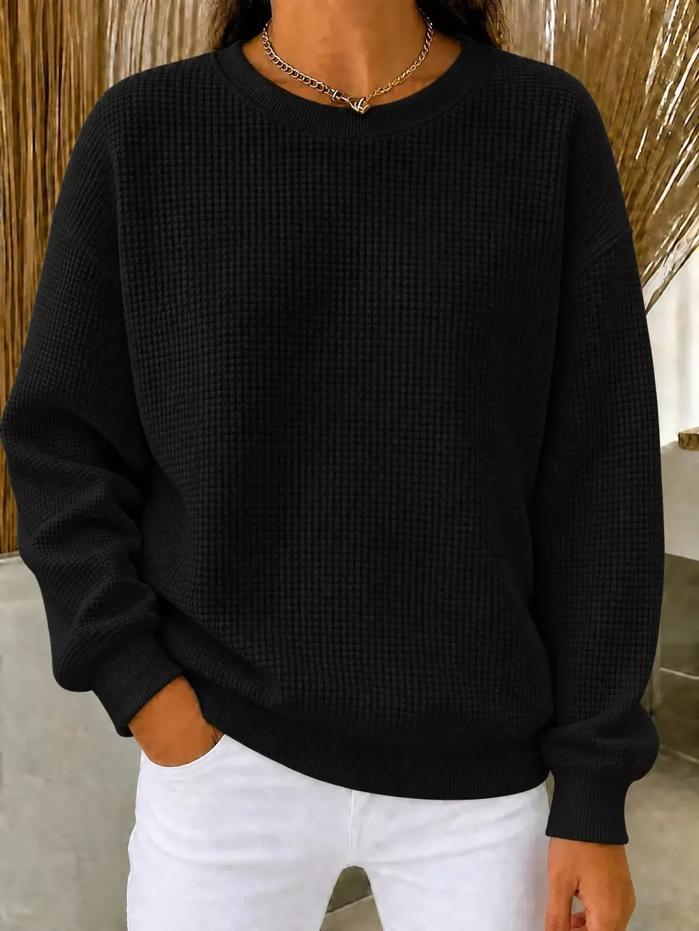Full Size Waffle Knit Crewneck Sweatshirt Plus Size, image 15