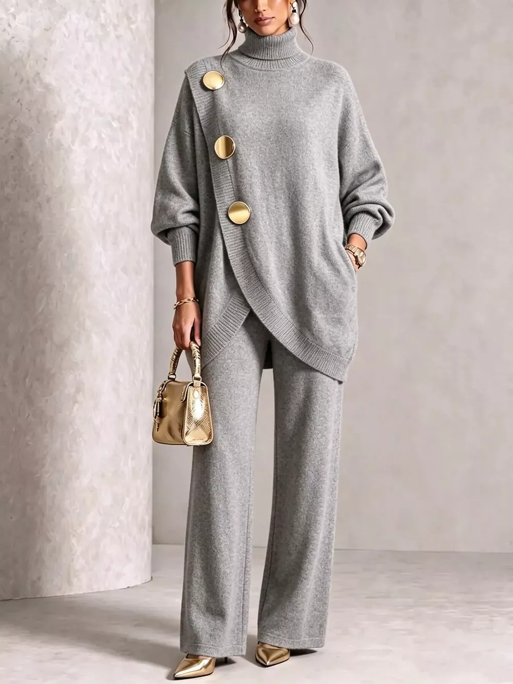 Gold Button Accent Turtleneck Sweater and Pants Set, image 9