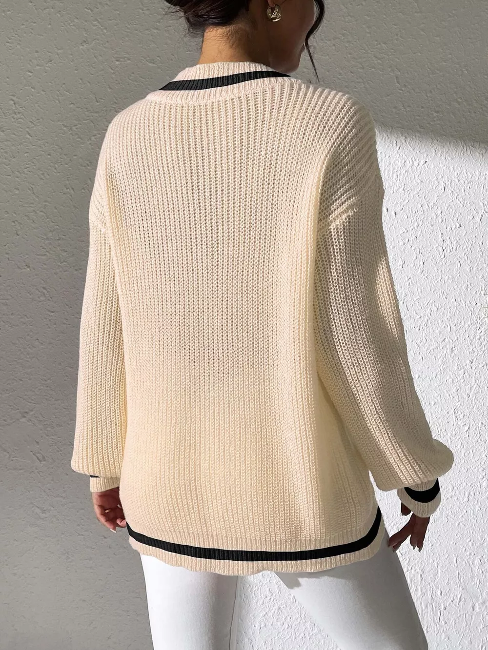 V-Neck Contrast Trim Sweater with Pearl Decor, image 3