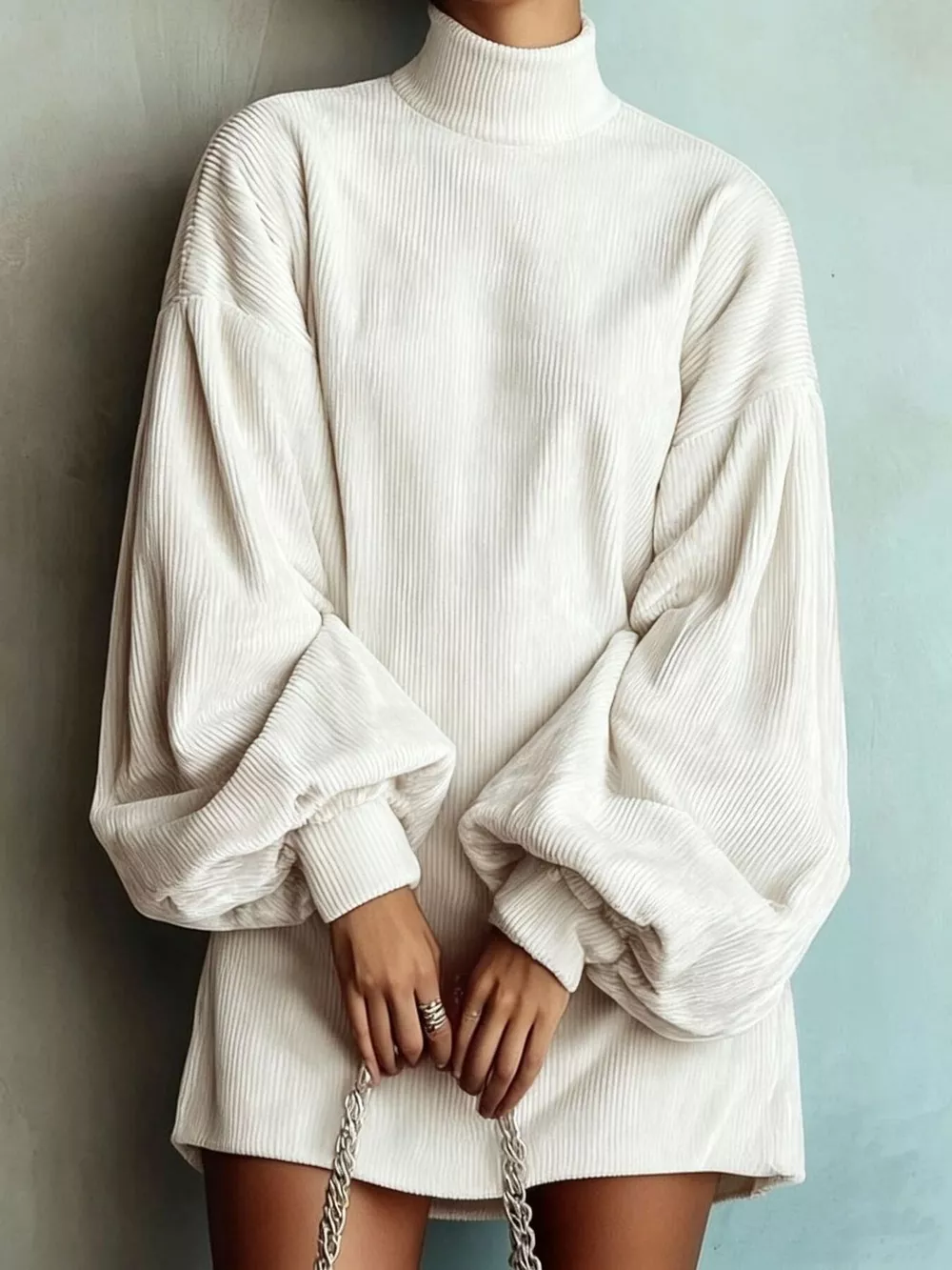 Full Size Corduroy Mock Neck Lantern Sleeve Mini Dress Plus Size, image 3