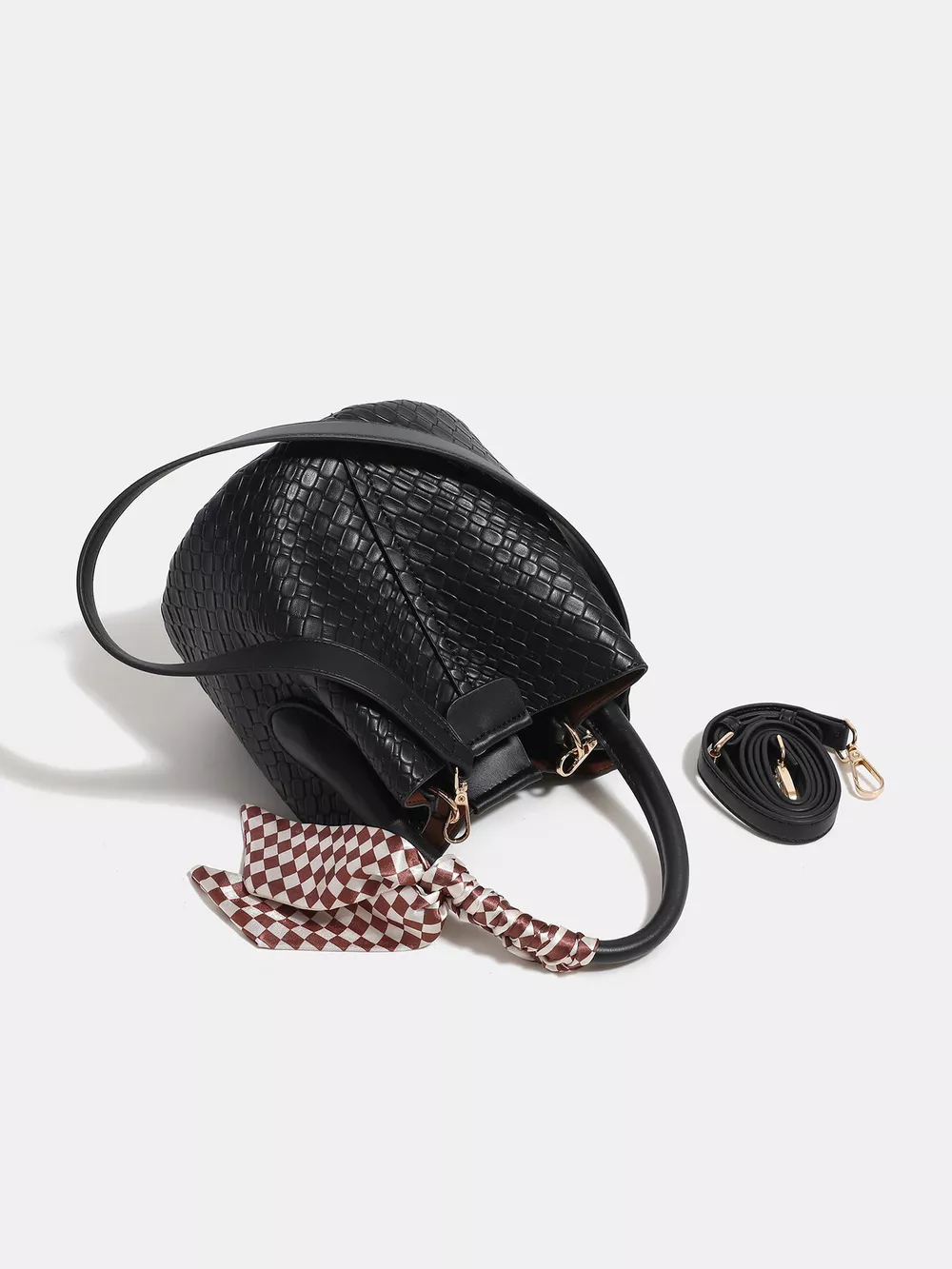 Woven Texture Bucket Handbag with Decorative Scarf, image 5