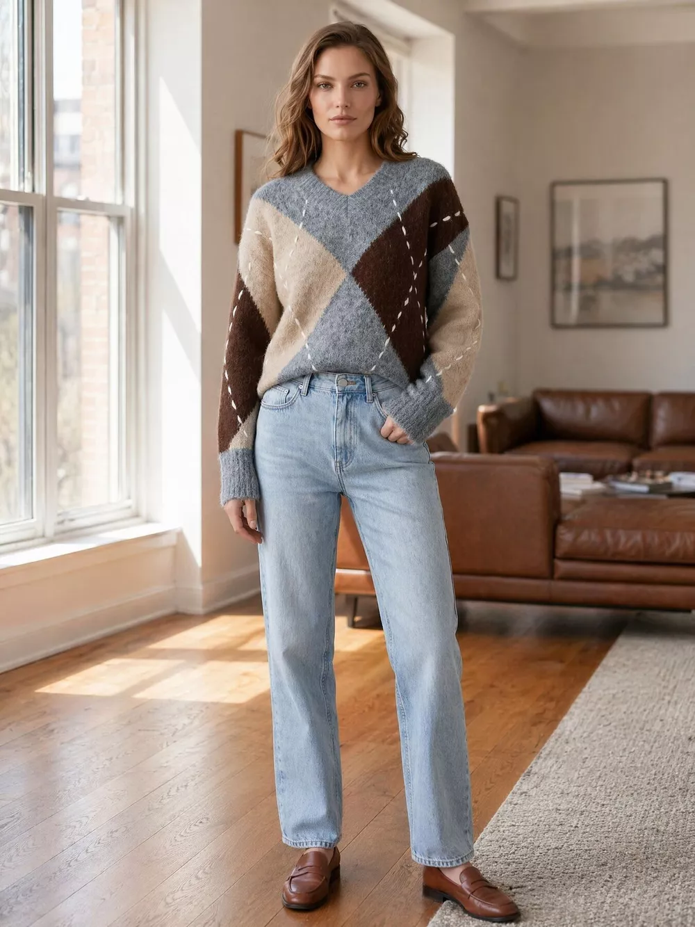 Argyle Pattern V-Neck Oversized Sweater, image 13