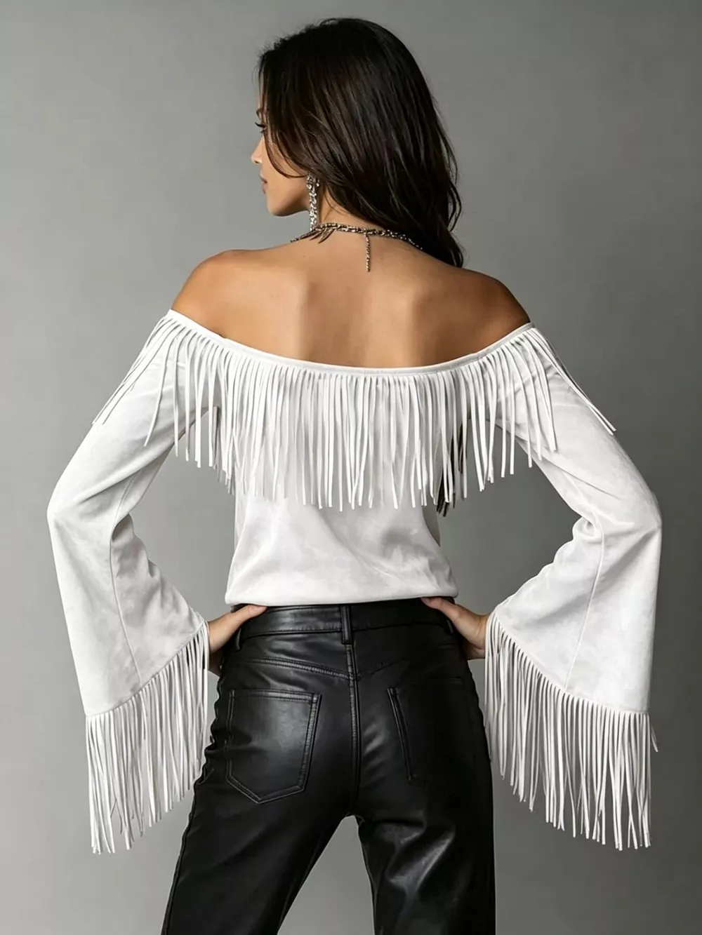 Boho Chic Off-Shoulder Fringed Suede Top, image 13