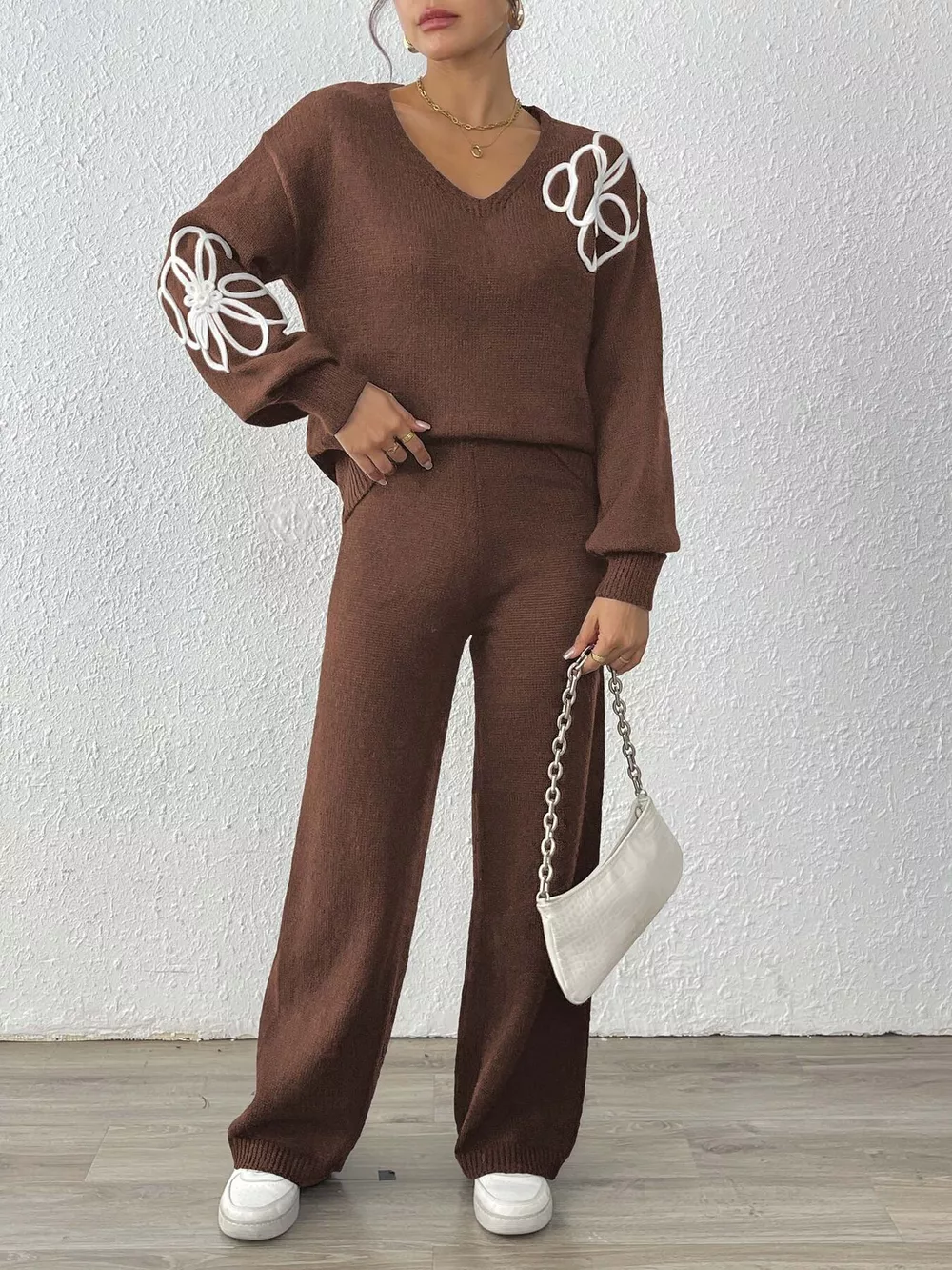 V-Neck Dropped Shoulder Top and Pants Sweater Set, image 8