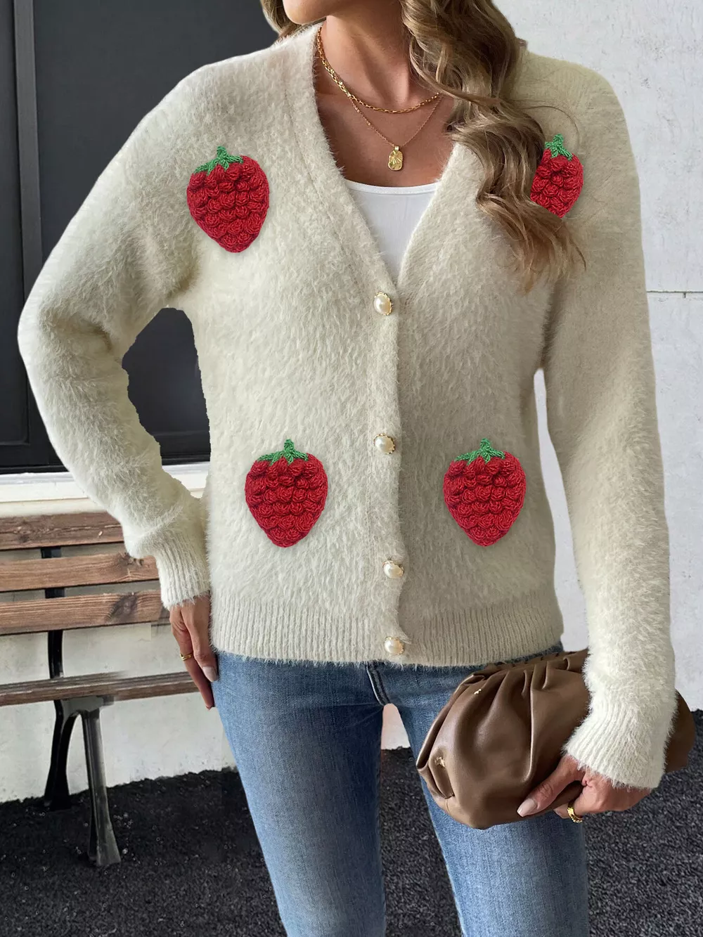 Strawberry Fuzzy Knit Cardigan, image 2