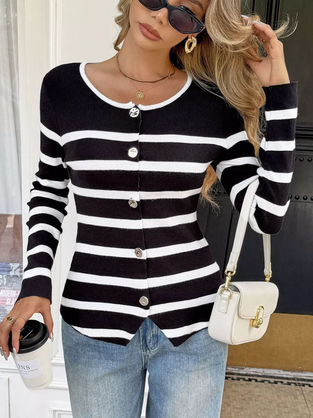 Striped Button-Up Knit Cardigan, image 7