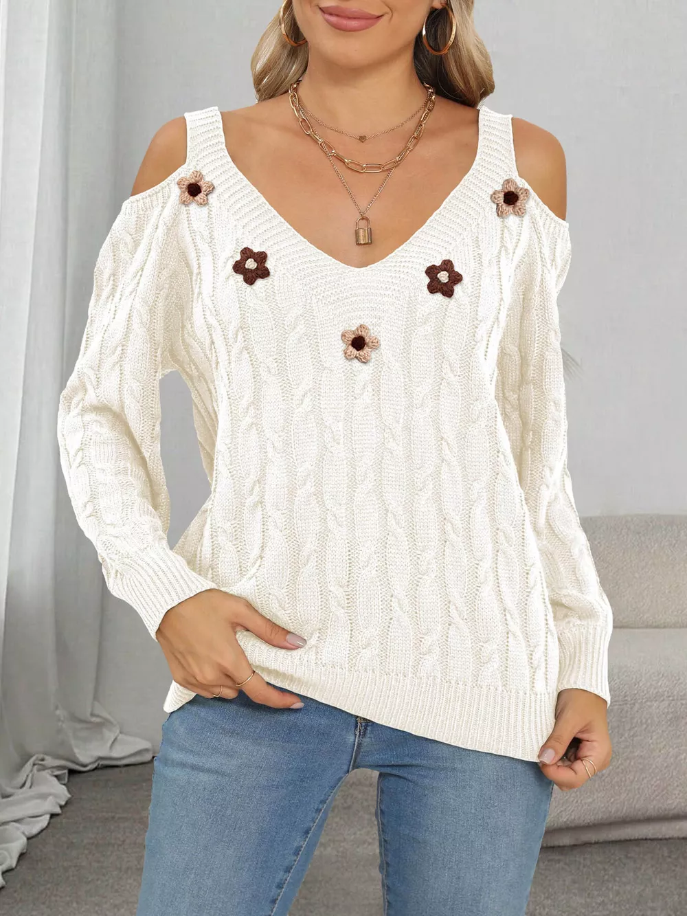 Floral Applique Cold Shoulder Cable Knit Sweater, image 15