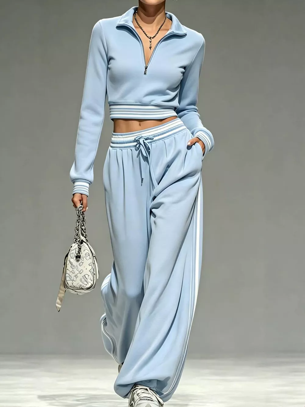 Full Size Half Zip Cropped Top and Pants Set Plus Size, image 2