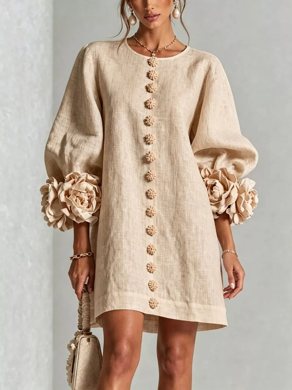 Full Size 3D Floral Sleeve Round Neck Dress Plus Size, image 10