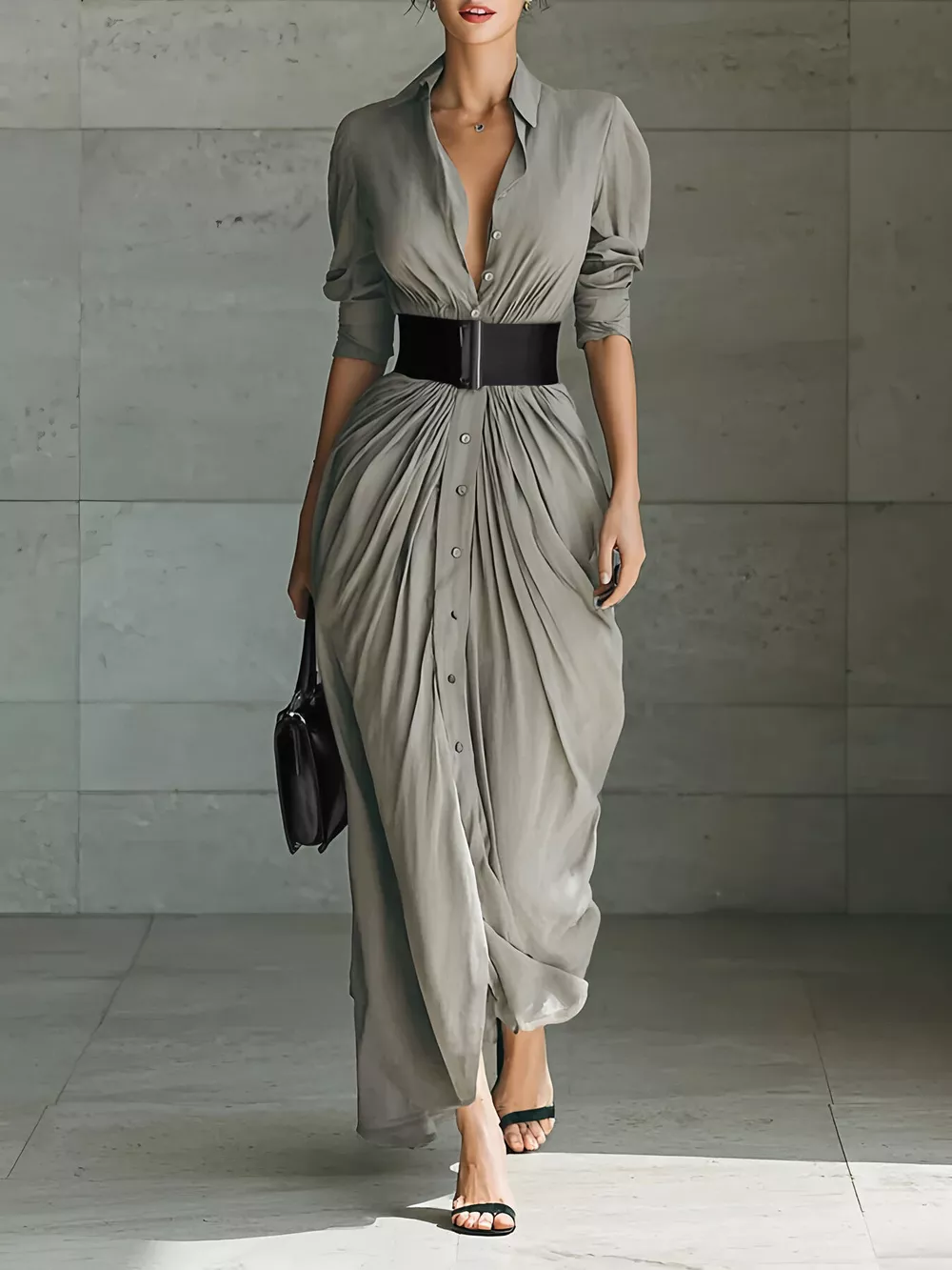 Full Size Button Front Ruched Shirt Maxi Dress Plus Size, image 4