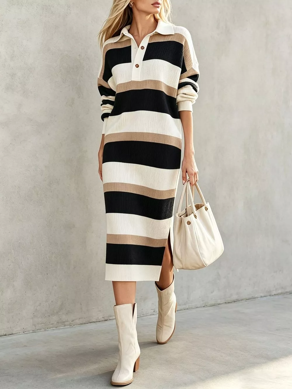 Striped Polo Collar Long Sleeve Sweater Dress