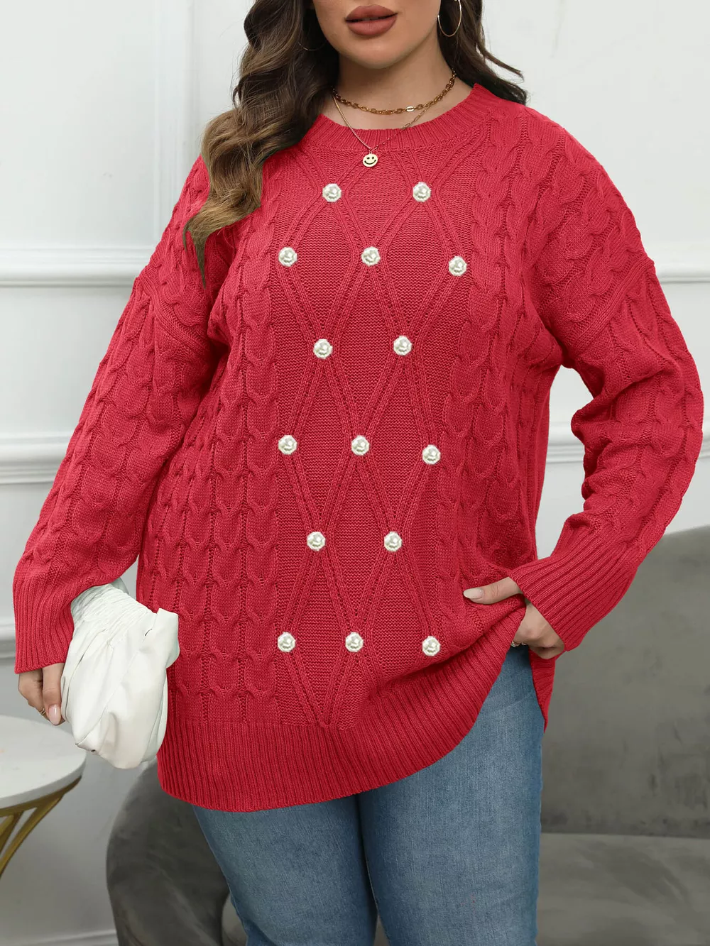 Plus Size Cable Knit Dropped Shoulder Sweater, image 2