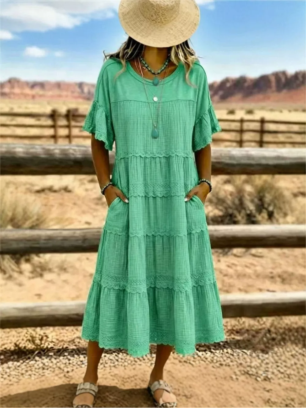 Full Size Tiered Ruffle Sleeve Midi Dress with Pockets Plus Size, image 7