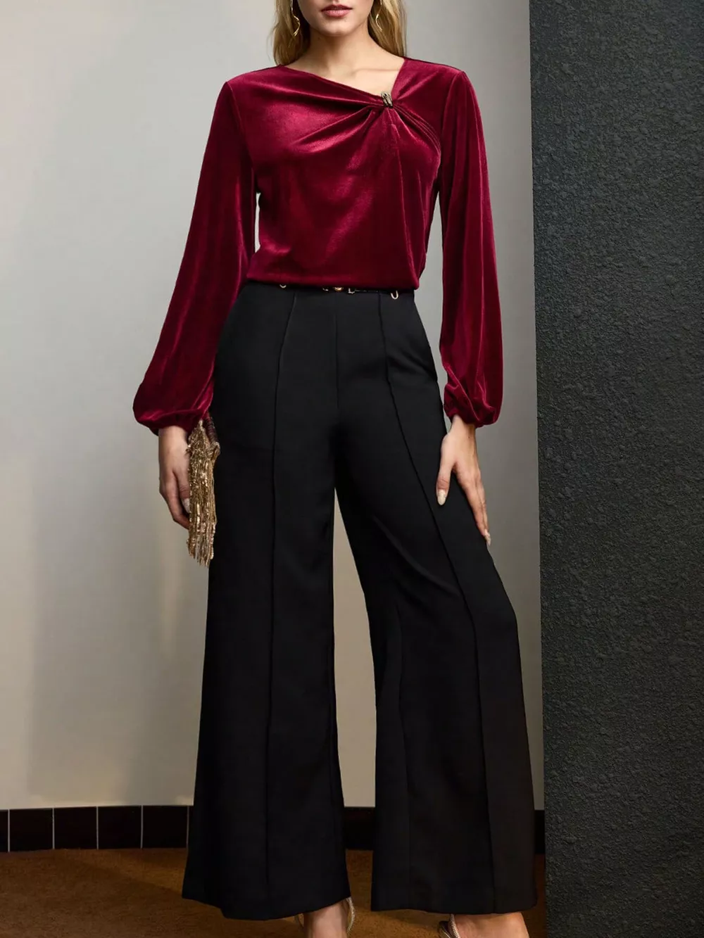 Velvet Twist-Front Long Sleeve Blouse, image 5