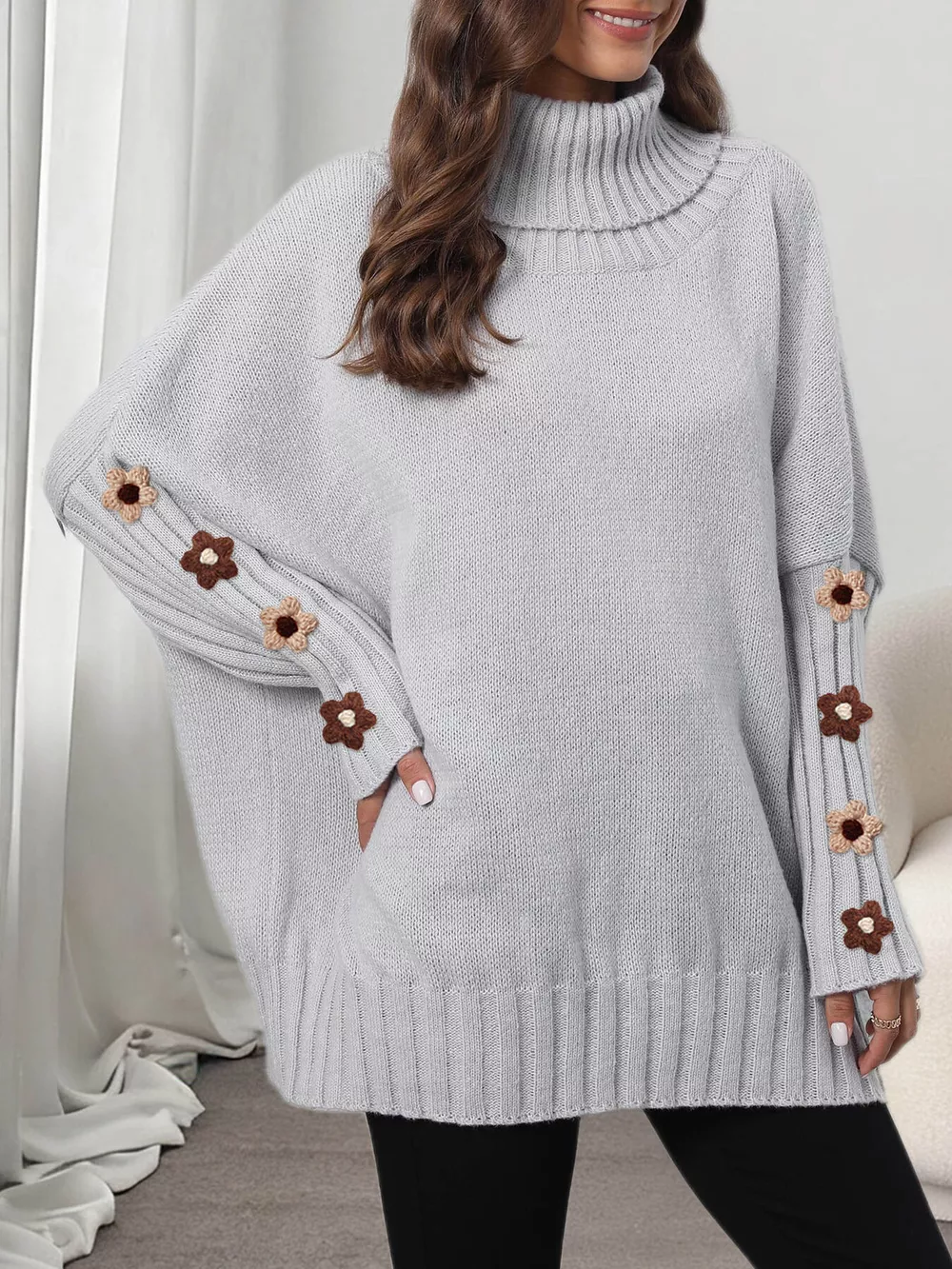 Oversized Turtleneck Sweater with Floral Applique Sleeves, image 9