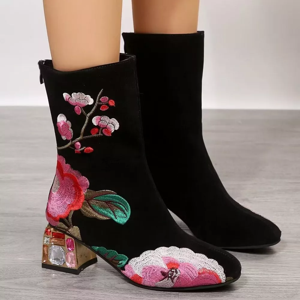Floral Embroidered Rhinestone Block Heel Boots, image 2