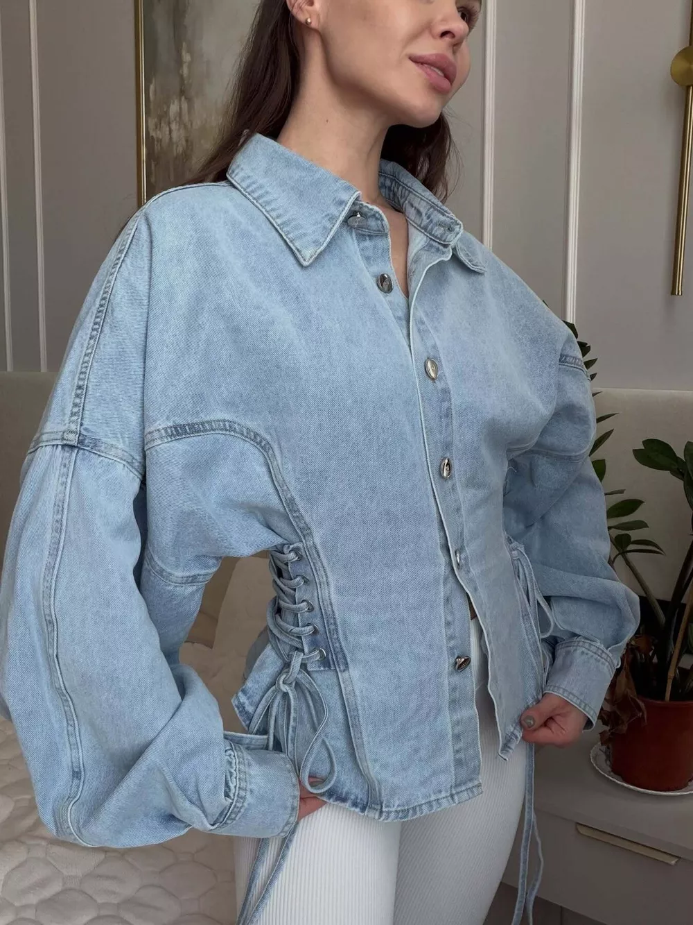 Button Down Lace-Up Side Denim Jacket, image 2