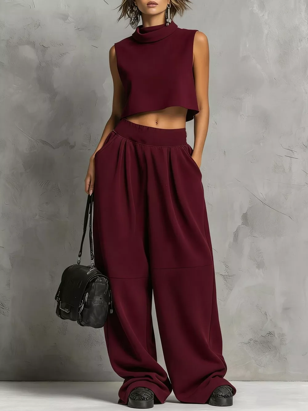 Sleeveless Mock Neck Crop Top and Wide-Leg Sweatpants Set, image 8