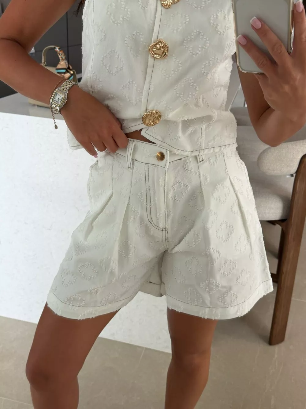 Embossed Vest and Shorts Denim Set with Gold-Tone Buttons, image 2