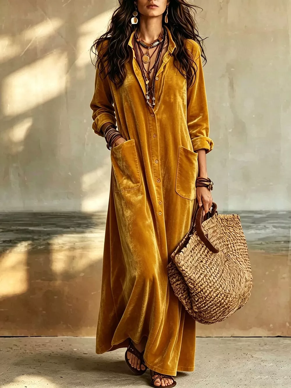 Bohemian Velvet Button-Down Maxi Dress