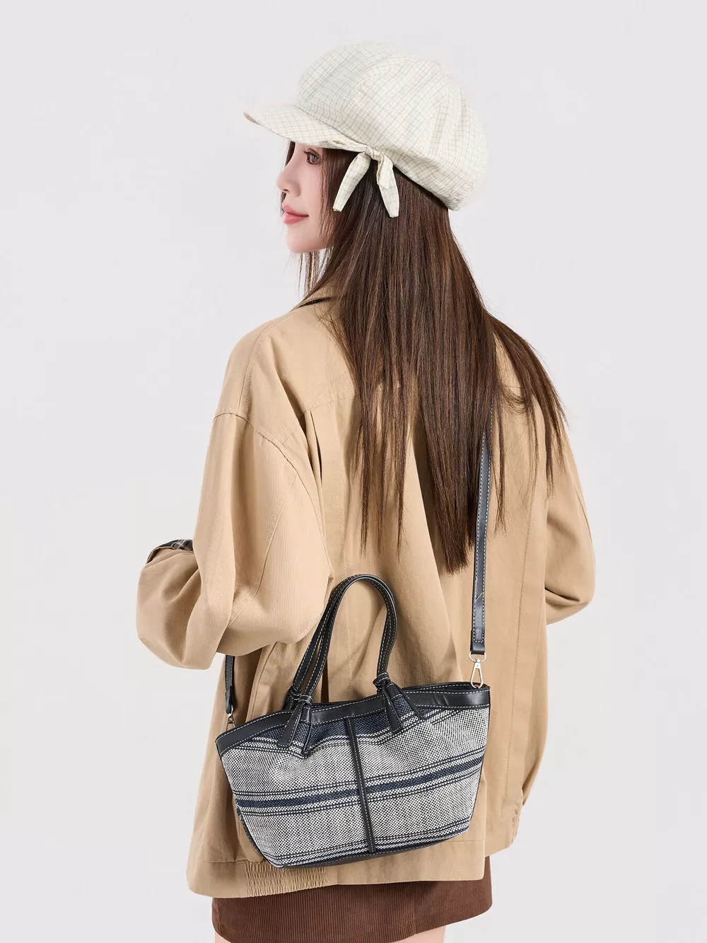 Vintage Striped Crossbody Bag with Leather Trim, image 2