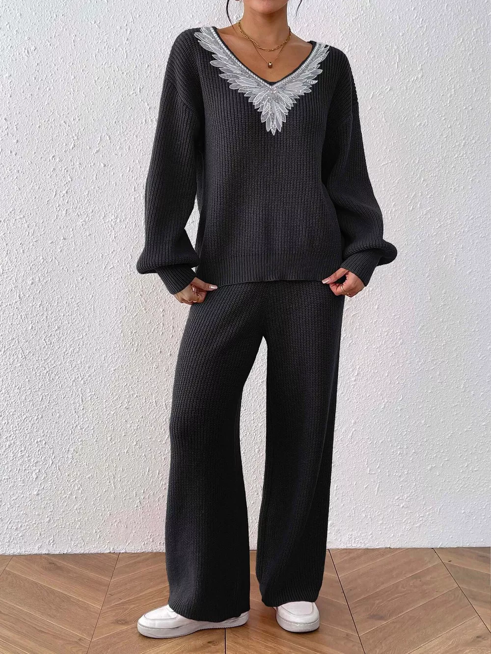 V-Neck Sweater and Pants Sweater Set