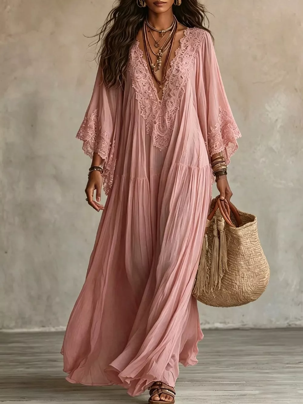 Lace Trim V-Neck Maxi Dress, image 5