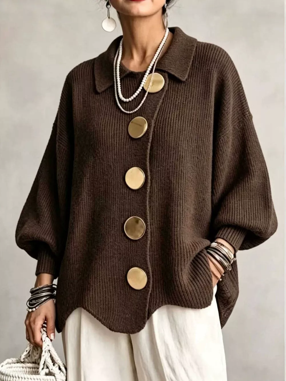 Full Size Ribbed Knit Gold Buttons Cardigan Plus Size, image 4