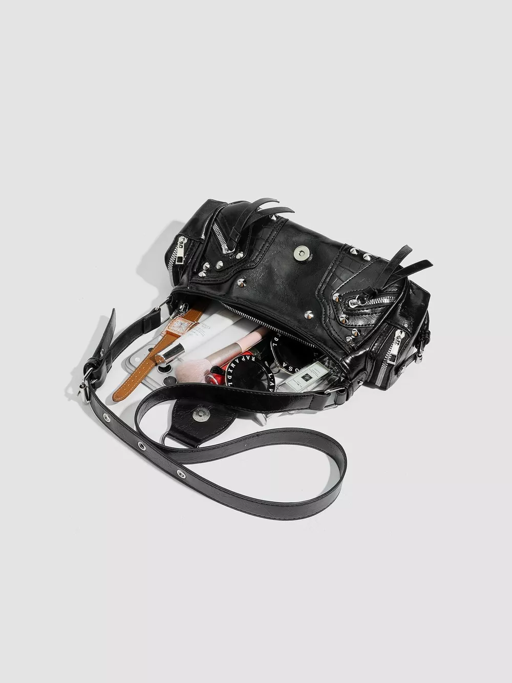 Y2K Style Rivet Embellished Patent Leather Shoulder Bag, image 6