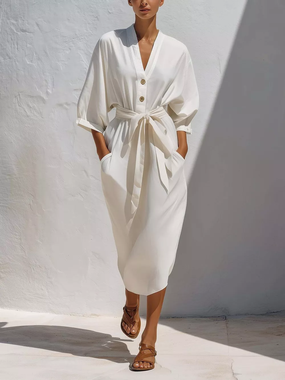 Full Size Tie Waist V-Neck Midi Dress Plus Size