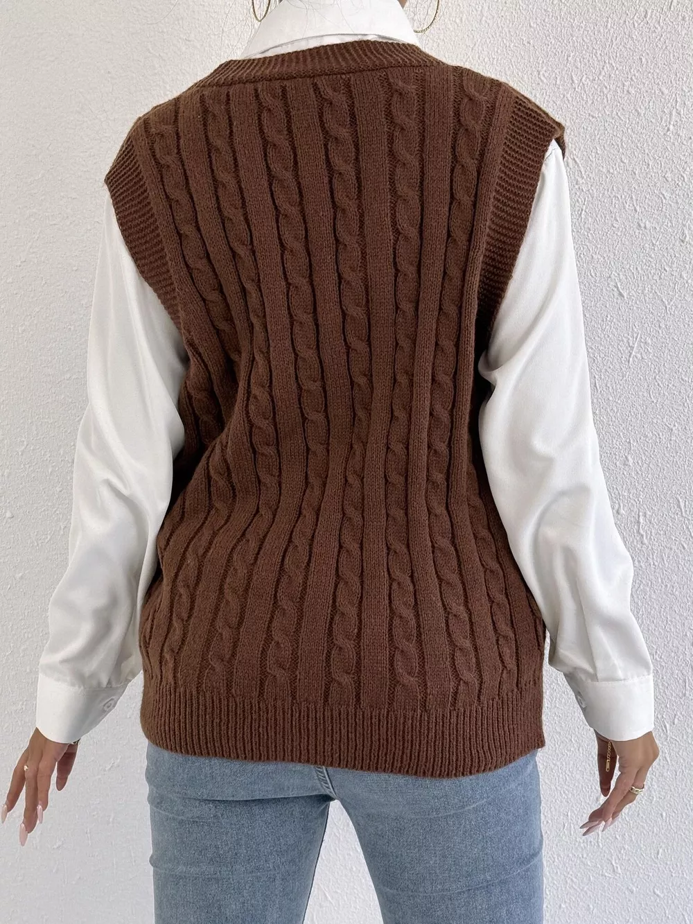 V-Neck Cable Knit Button-Down Sweater Vest with Heart Embroidery, image 11