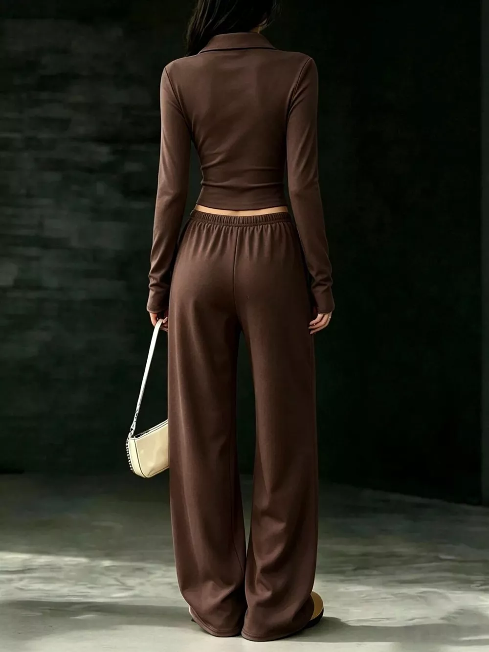 Solid Color Long Sleeve Polo Collar Top and Wide Leg Pants Set, image 15