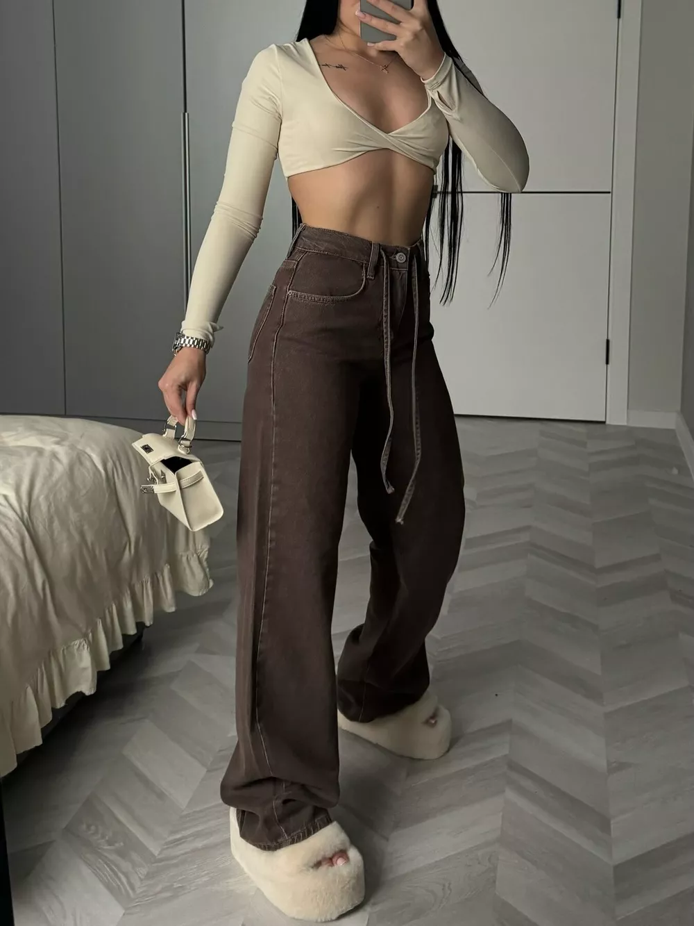 High-Waisted Wide-Leg Jeans with Tie-Waist Detail