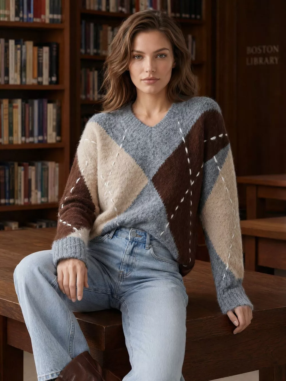 Argyle Pattern V-Neck Oversized Sweater, image 11