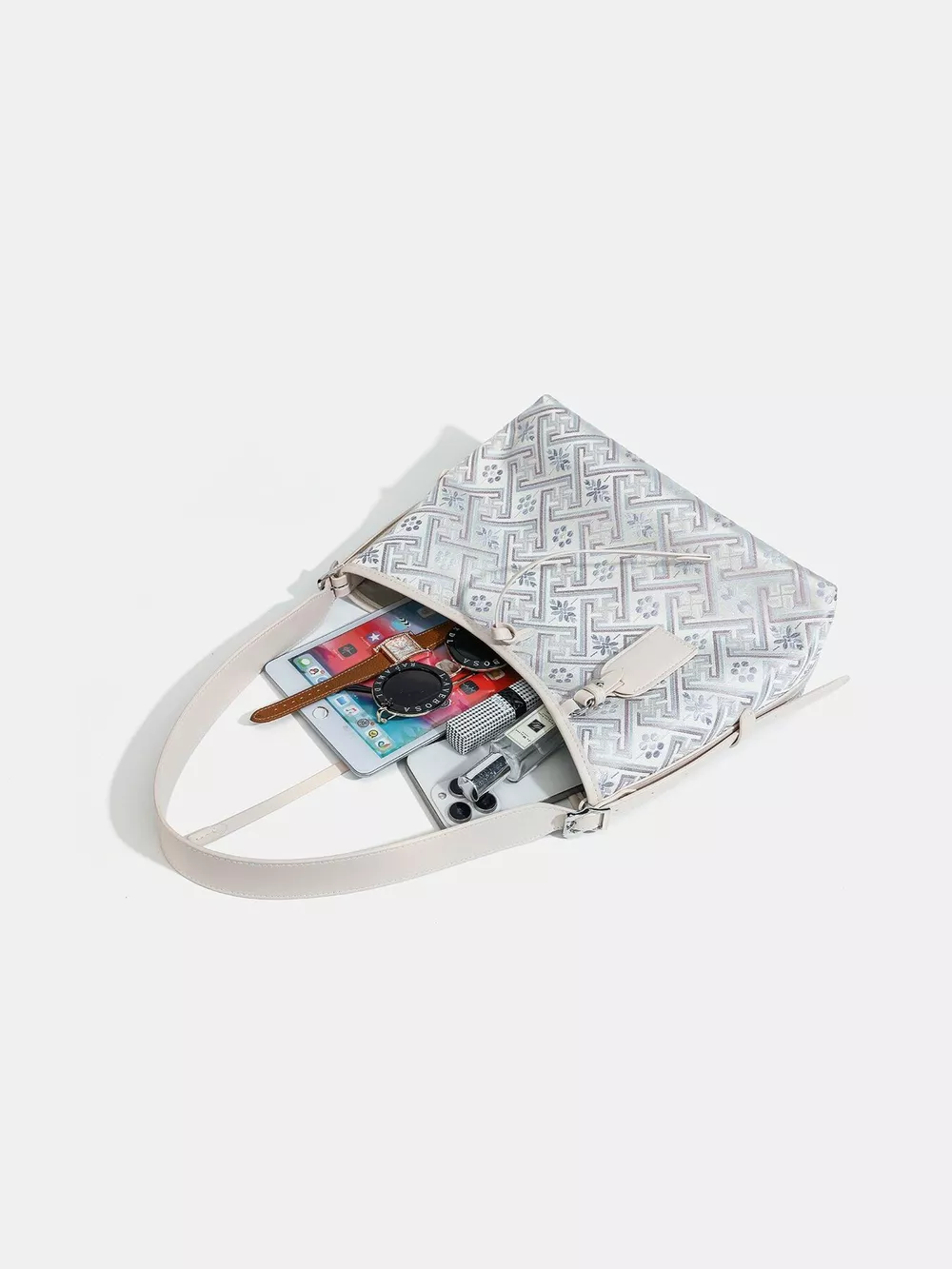 Geometric Pattern Jacquard Shoulder Bag with Adjustable Strap, image 6