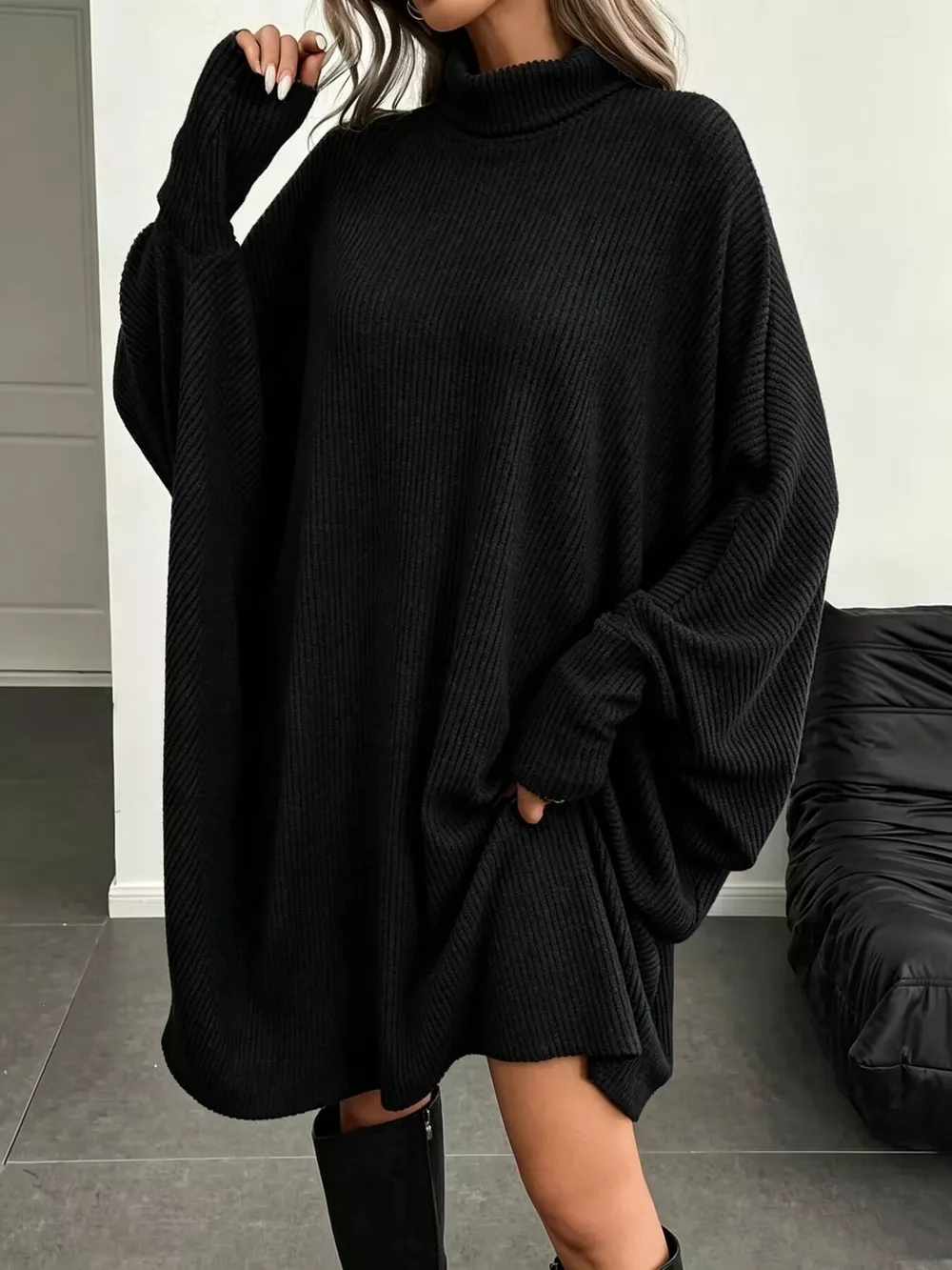 Oversized Batwing Sleeve Ribbed Knit Turtleneck Dress, image 7